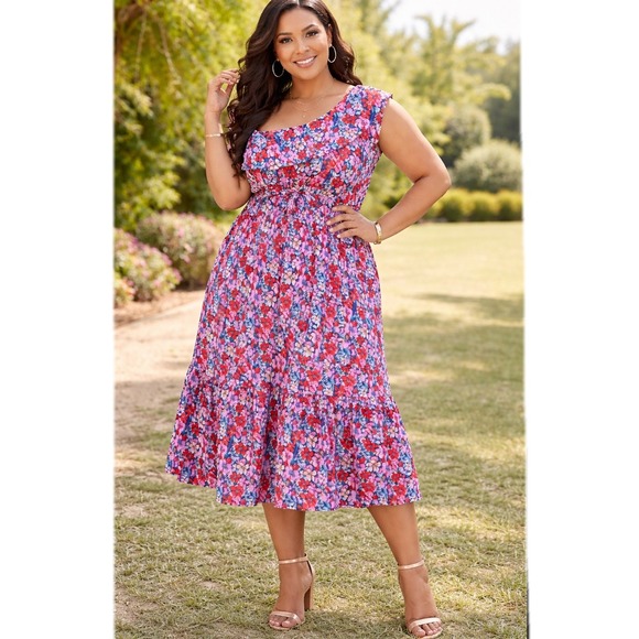 Dresses & Skirts - Floral Print One Shoulder‎ Midi Dress Ruffle Tiered Tropical Vacation X-Large
